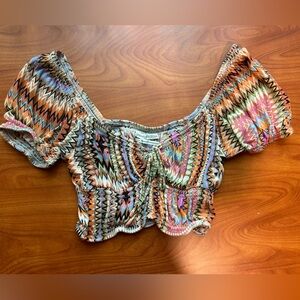 Urban Outfitters Multicolor Short Sleeve Cropped Top with tie-front